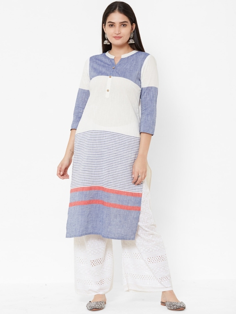 Vedic Women Blue & White Colourblocked Straight Kurta