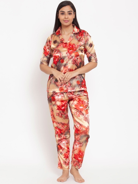 Claura Women Beige & Red Printed Night suit