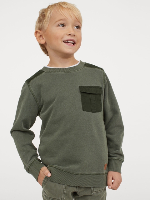 H&M Boys Green Solid Pocket-detail Sweatshirt