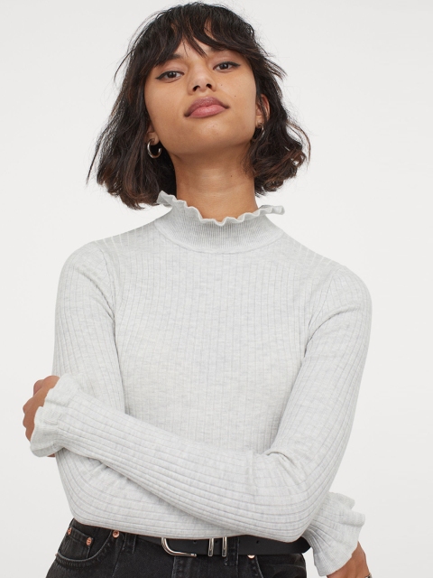 H&M Women Grey Solid Ribbed Top