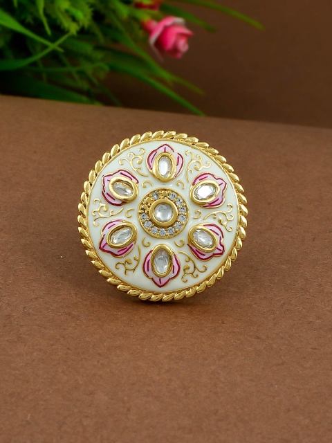 Imittire Women Ivory White and Pink Meenakari Floral Cocktail Ring