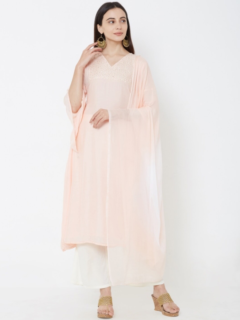 FASHOR Women Peach-Coloured & White Solid Kurta with Palazzos & Dupatta