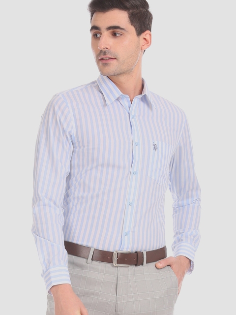 U.S. Polo Assn. Men Blue & Pink Regular Fit Striped Formal Shirt