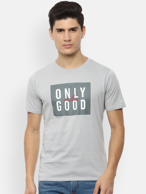 V Dot Men Grey Printed Round Neck T-shirt