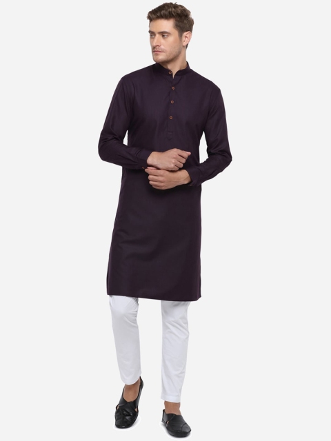 JADE BLUE Men Purple Solid Straight Handloom Modi Kurta