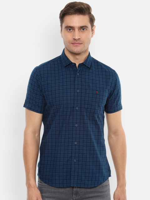 Louis Philippe Jeans Men Navy Blue Slim Fit Checked Casual Shirt