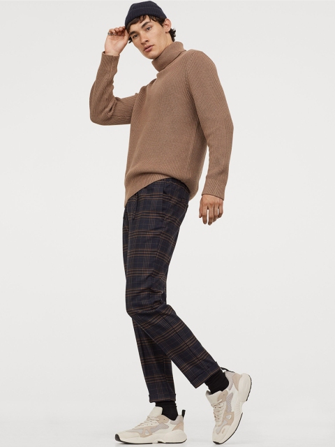H&M Men Navy Blue & Brown Checked Joggers Slim Fit