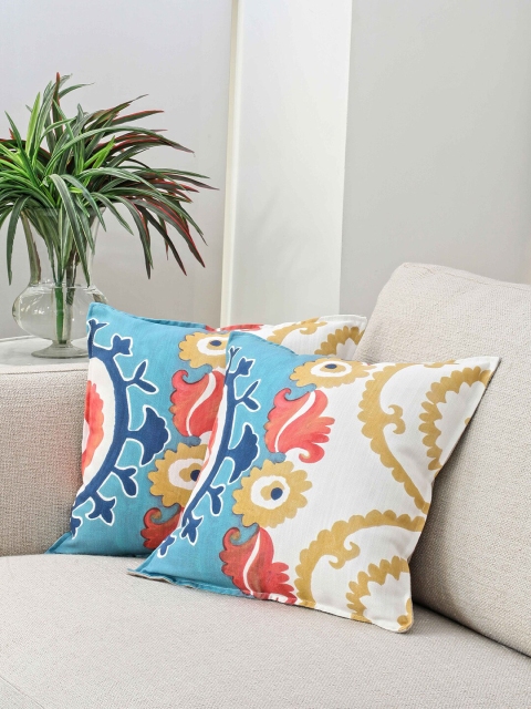 BLUE BOAT Blue & White Set of 2 Ethnic Motifs Square Cushion Covers