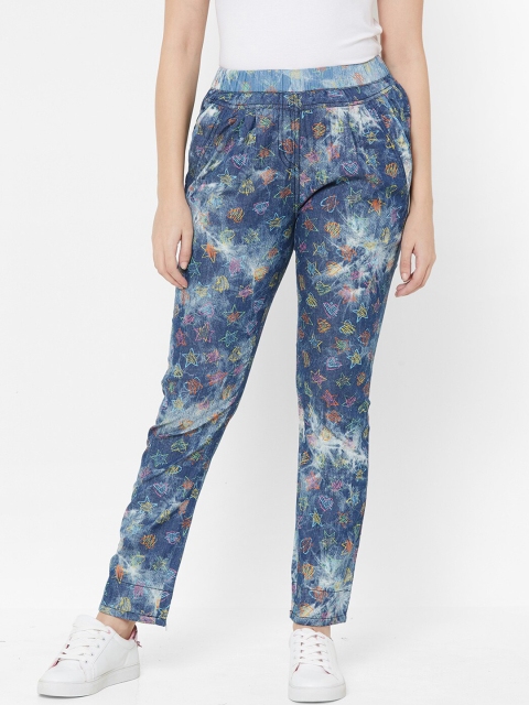 Juliet Women Blue Tapered Fit Printed Regular Trousers
