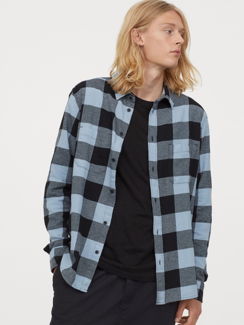 H&M Men Blue & Black Checked Cotton Flannel Shirt