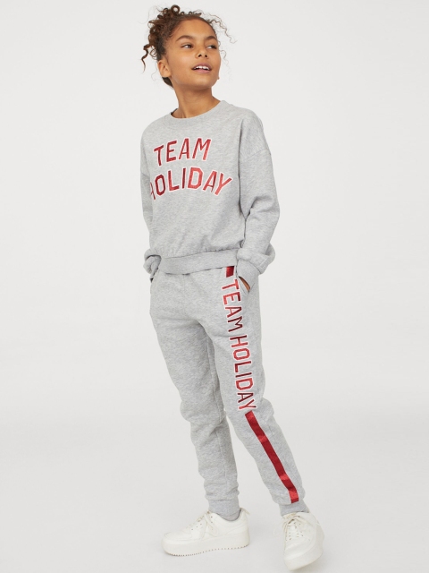 H&M Girls Grey Printed 2-Piece Cotton-Blend Set
