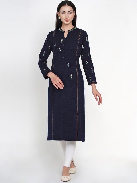 FABNEST Women Navy Blue Embroidered Straight Winter Kurta
