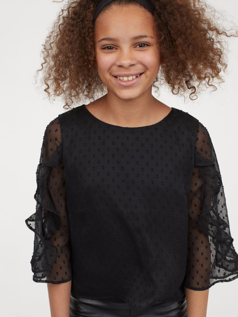 H&M Girls Black Flounce-Sleeved Chiffon Blouse