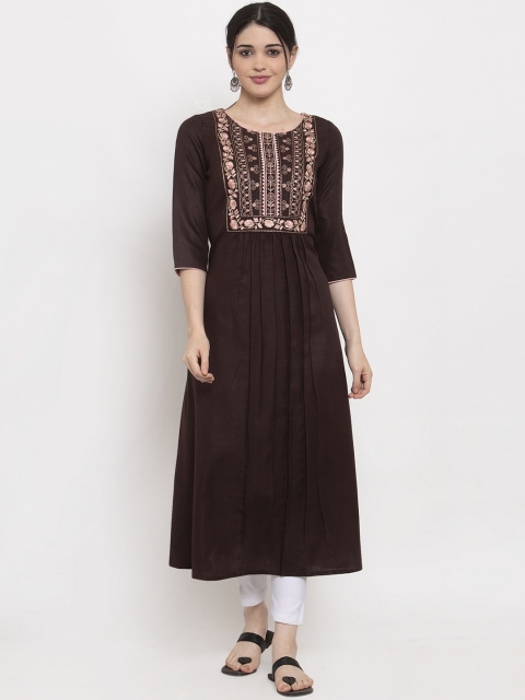 ANAISA Women Brown Floral Embroidered Anarkali Kurta
