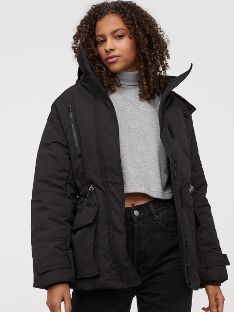 H&M Women Black Solid Hooded Padded Jacket