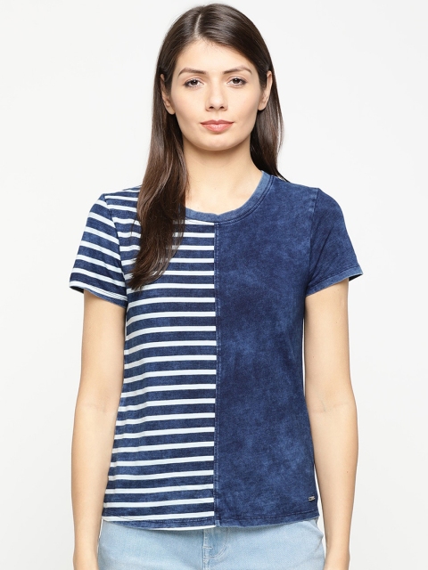 Pepe Jeans Women Navy Blue & White Striped Round Neck T-shirt