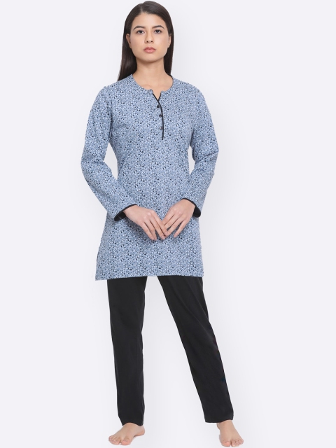 Kanvin Women Blue & Black Printed Night suit