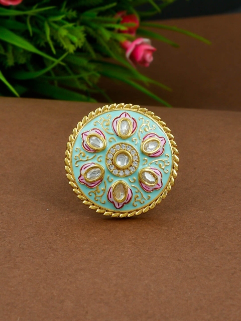 Imittire Gold-Plated Turquoise Blue & Pink Kundan-Studded Meenakari Adjustable Finger Ring