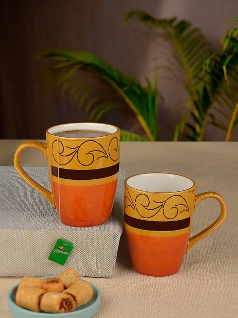StyleMyWay Orange & Yellow 2 Pcs Printed Ceramic Mugs Set