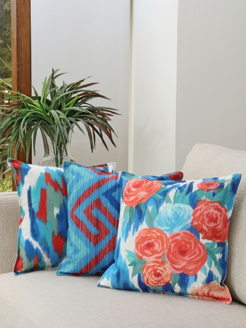 BLUE BOAT Blue & Red Set of 3 Floral Square Cushion Covers