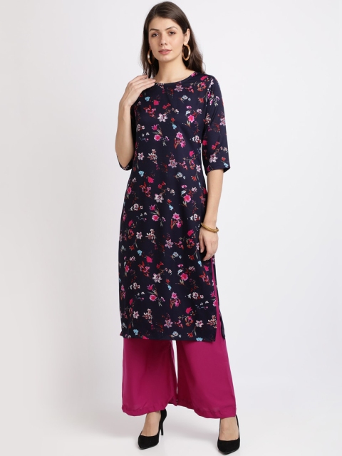 Silk Bazar Women Navy Blue & Pink Printed Straight Kurta