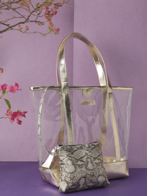 STREET 9 Transparent & Gold-Toned Colourblocked Shoulder Bag