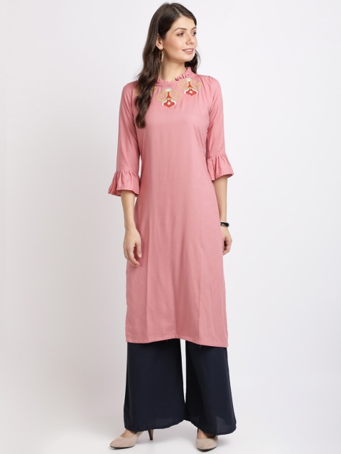 Silk Bazar Women Pink Embroidered Straight Kurta