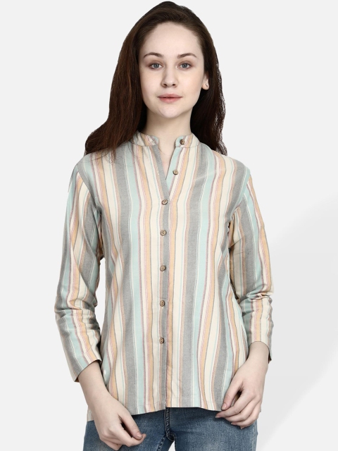 Molcha Women Cream-Coloured & Blue Regular Fit Striped Formal Shirt