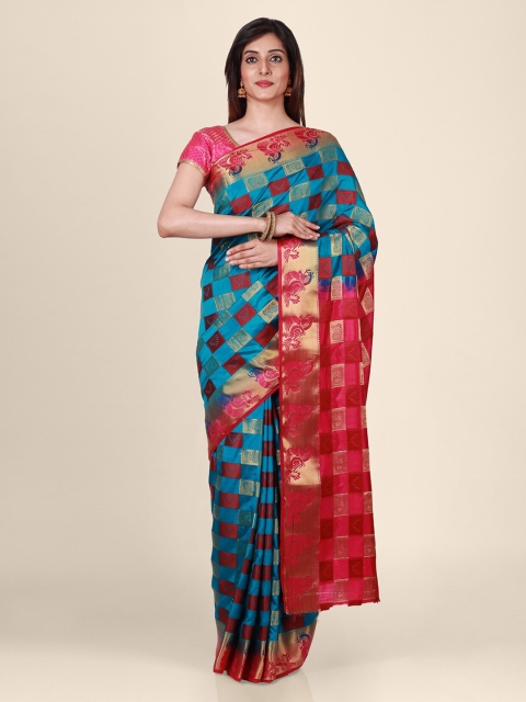 CLAI WORLD Blue & Pink Silk Blend Woven Design Saree