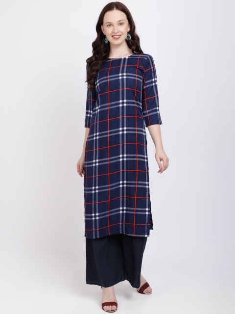 Silk Bazar Women Navy Blue & White Checked A-Line Kurta