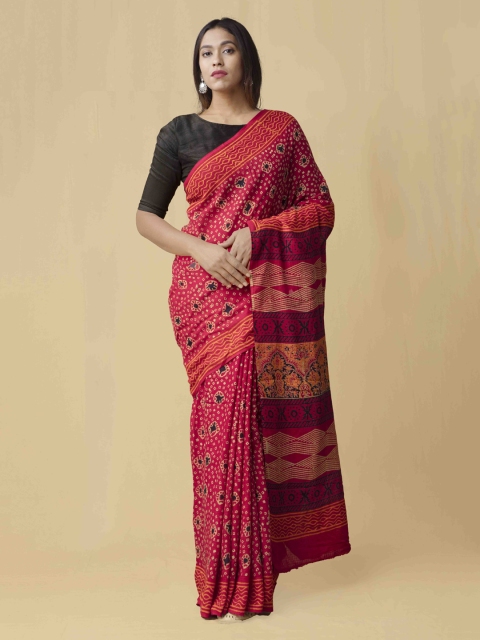 Unnati Silks Pink & Black Pure Cotton Printed Kota Saree