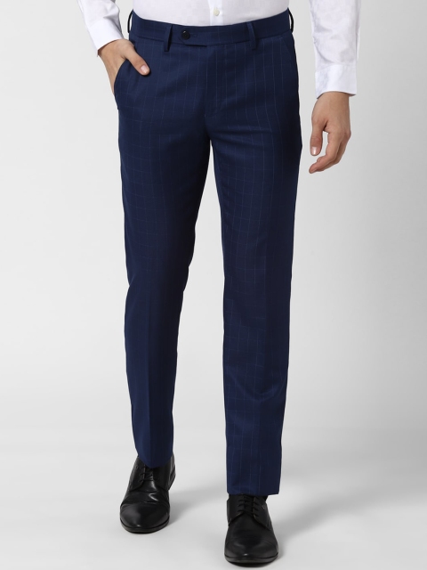 Peter England Men Navy Blue Striped Slim Fit Formal Trousers