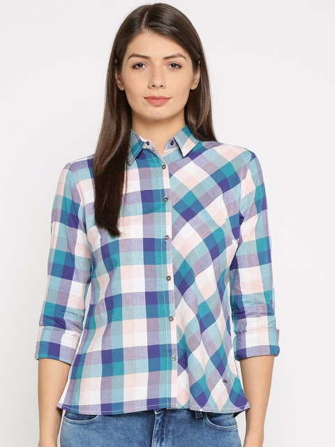 Pepe Jeans Women Blue & White Regular Fit Checked Casual Shirt