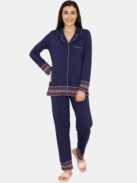 Zivame Women Navy Blue & Grey Printed Night suit