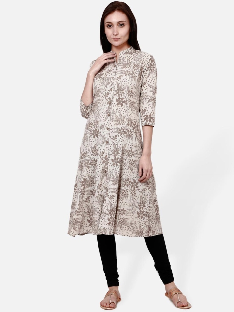 Molcha Women Off-White & Taupe Printed Anarkali Kurta
