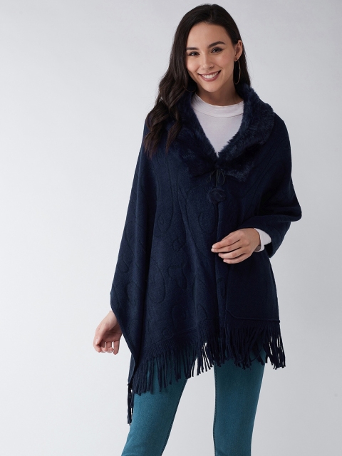 InWeave Women Navy Blue Self Design Poncho Sweater