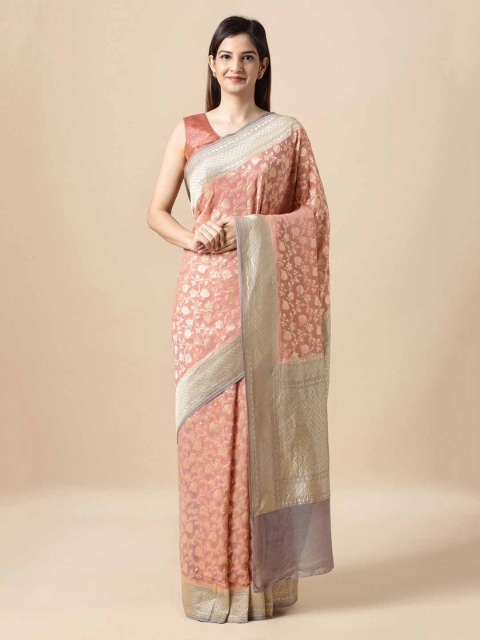 Taneira Peach-Coloured & Gold-Toned Pure Georgette Woven Design Banarasi Saree