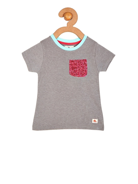 Cherry Crumble Girls Grey Solid Round Neck Sequin Pocket T-shirt