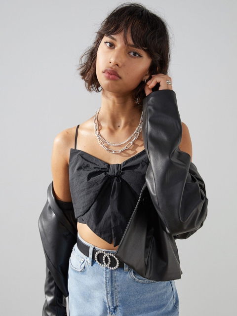 H&M Women Black Cropped Bow-Front Top