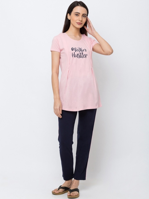 MomToBe Women Pink & Navy Blue Printed Maternity & Feeding Night Suit