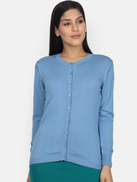 Monte Carlo Women Blue Solid Front-Open Sweater