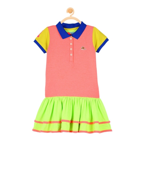Cherry Crumble Girls Fluorescent Green & Pink Colourblocked Drop-Waist Dress