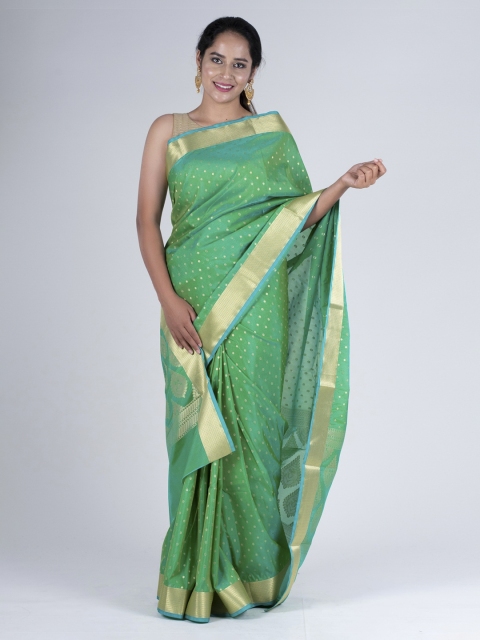 BharatSthali Sea Green Woven Design Silk Cotton Gadwal Saree