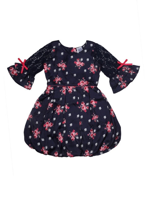 Doodle Girls Navy Blue Floral Printed Fit and Flare Dress