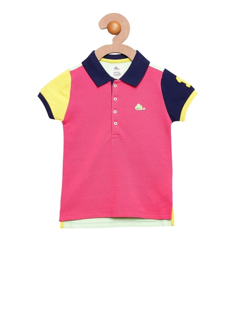 Cherry Crumble Girls Pink & Green Solid Polo Collar T-shirt