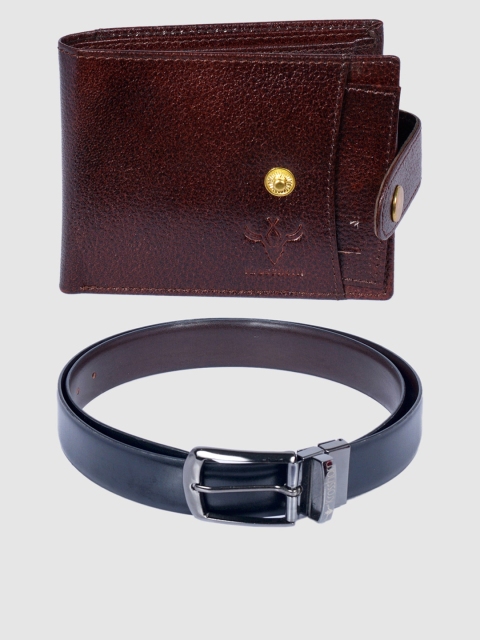 Krosshorn Leatherite Belt & Genuine Leather RFID Wallet Gift Combo for Men, Brown