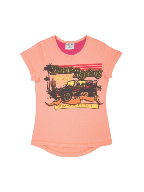 Cherokee Girls Peach-Coloured Printed Round Neck T-shirt
