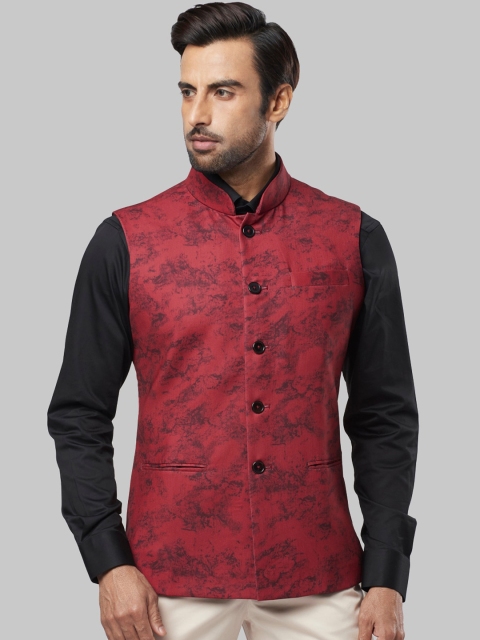 Ethnix by Raymond Men Maroon Printed Pure Cotton Nehru Jacket