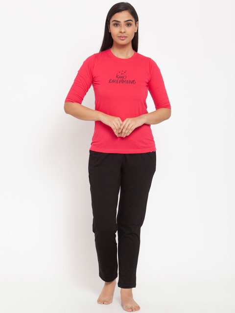 Claura Women Pink & Black Solid Night suit