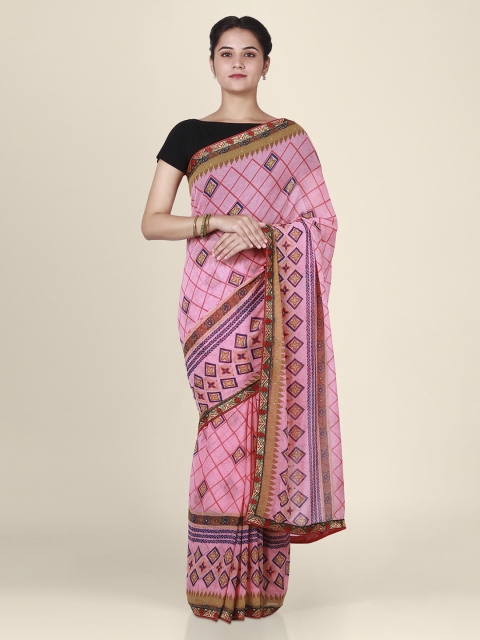 CLAI WORLD Pink & Brown Poly Georgette Checked Handloom Saree
